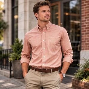 Jos A Bank Travelers Collection Button Down Shirt Mens Medium Burnt Orange Check